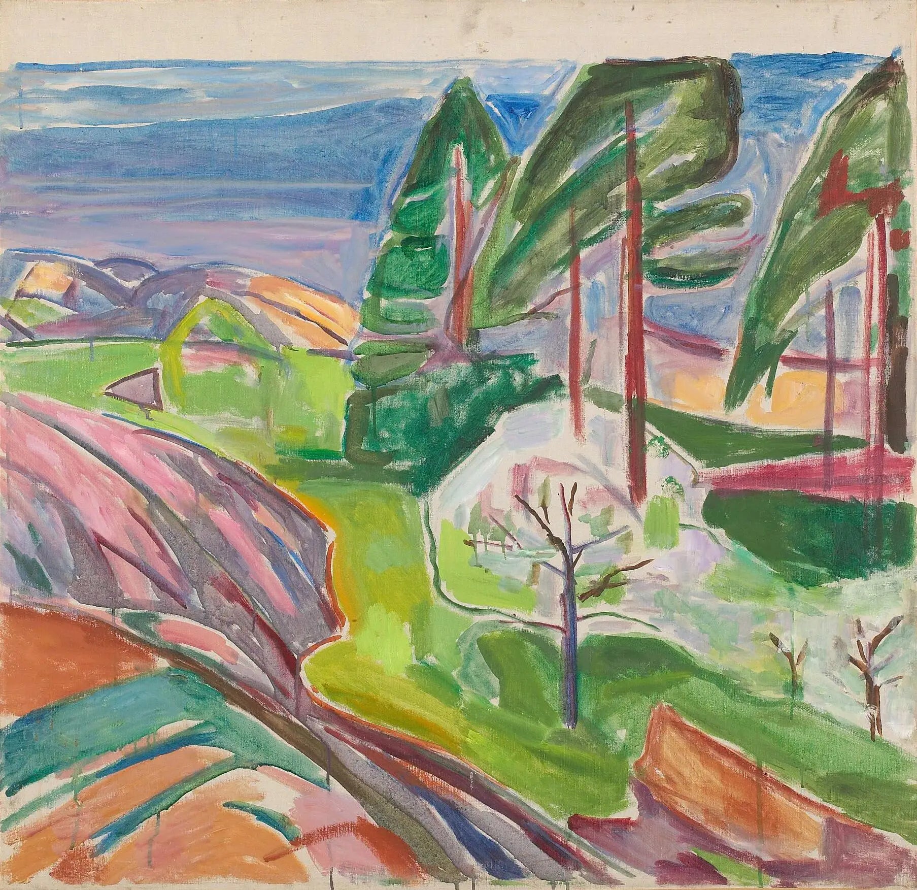 Reproduction du tableau « Pins et Arbres fruitiers en fleur - Edvard Munch » par Alpha Reproduction en peinture à l’huile