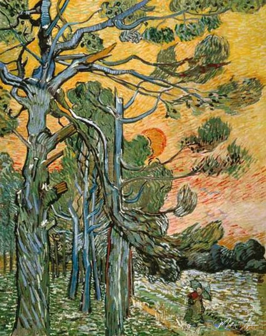 Pins sous le soleil couchant et le personnage féminin - Van Gogh - Reproductions de tableaux et peintures haut de gamme