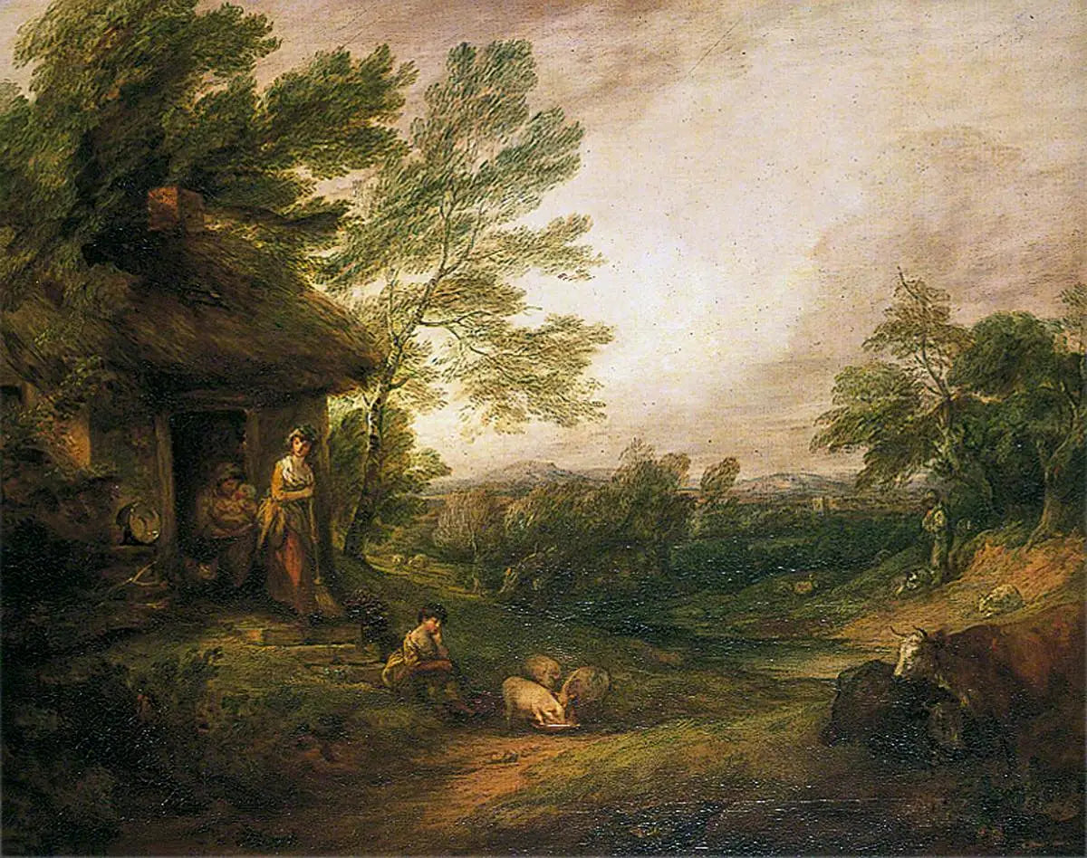 Porte de chalet avec fille et cochons - Thomas Gainsborough image 1 reproduction artisanale de tableau