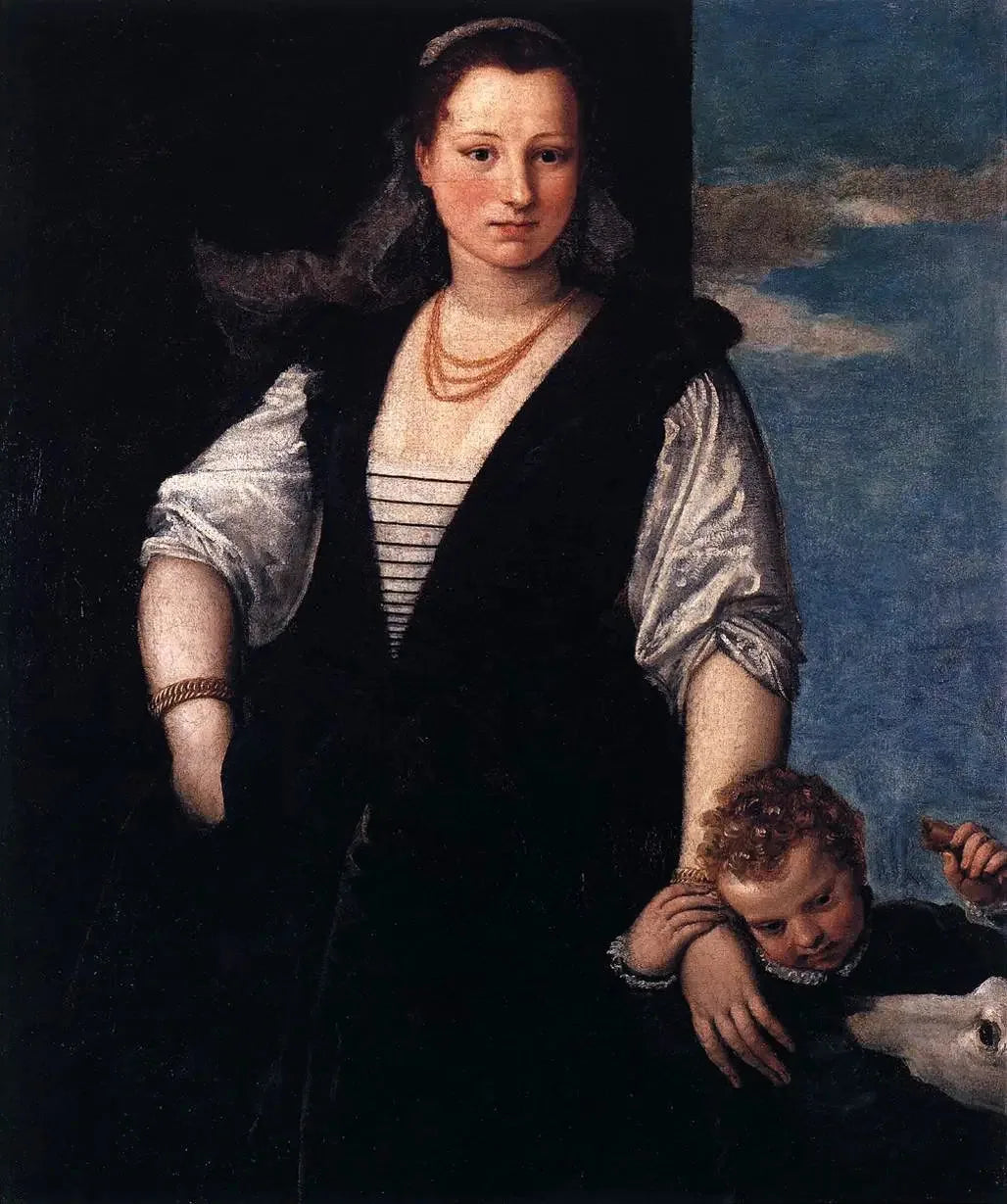 Portrait de femme avec un enfant et un chien - Paul Véronèse image 1 copie de tableau peinte à la main
