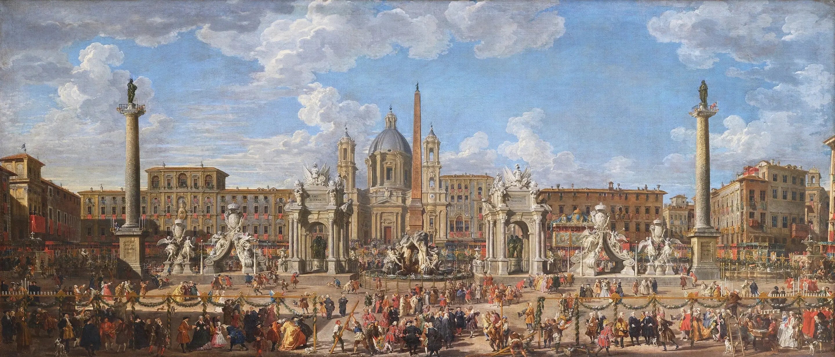 Préparation du feu d’artifice et de la décoration de la fête donnée sur la place Navone à Rome le 30 novembre 1729 à
