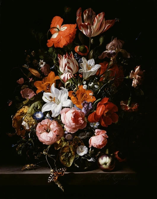 Fleurs dans un vase sur une dalle de pierre, 1704, peinture de Rachel Ruysch
