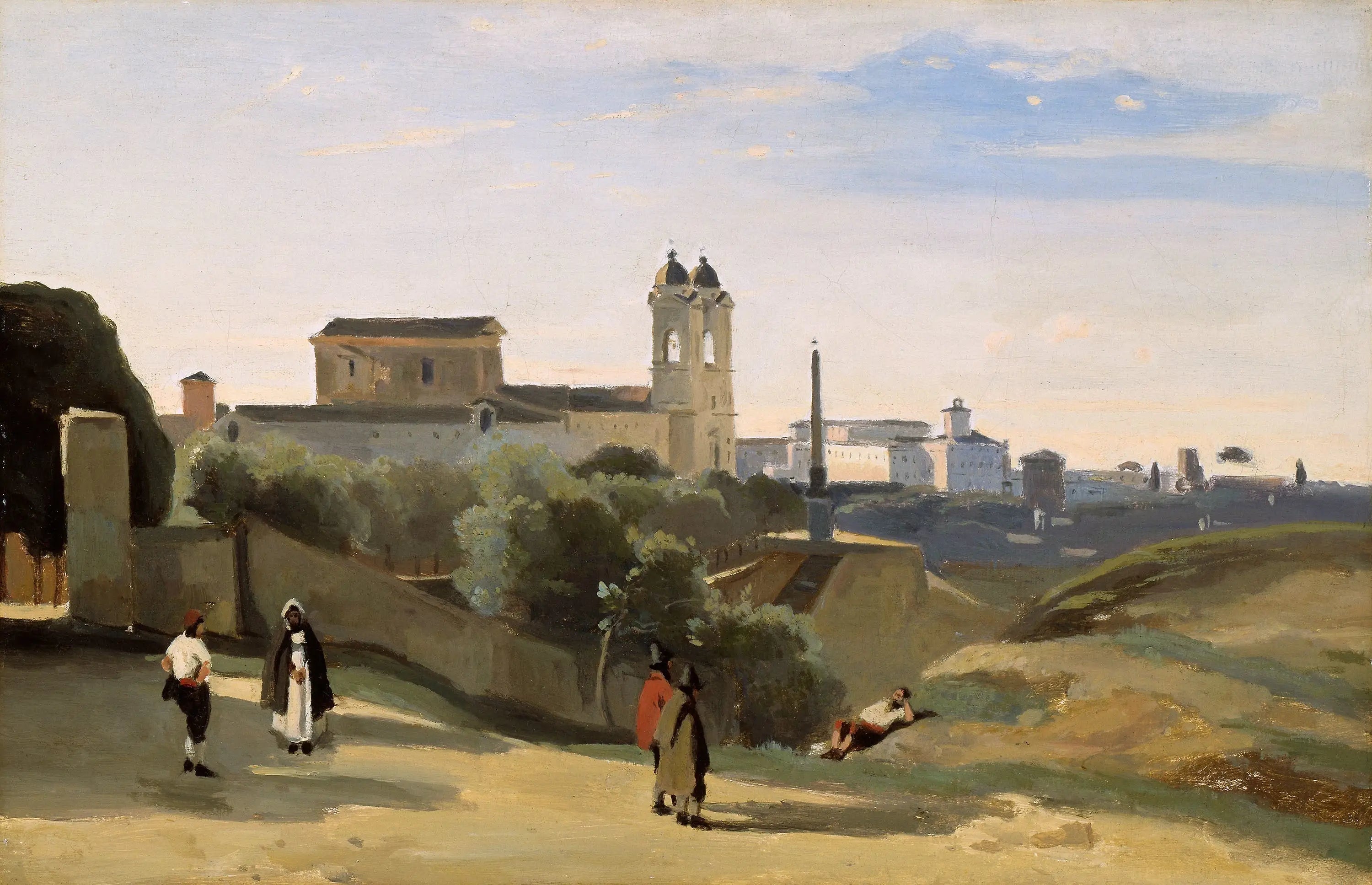 Rome Mont Pincio. La Trinité des Monts. Vue prix des jardins de l’Académie de France - Jean-Baptiste Camille Corot