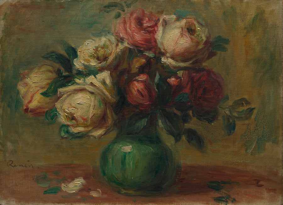 Sept roses rouges roses et blanches dans un vase vert peintes par Renoir vers 1890