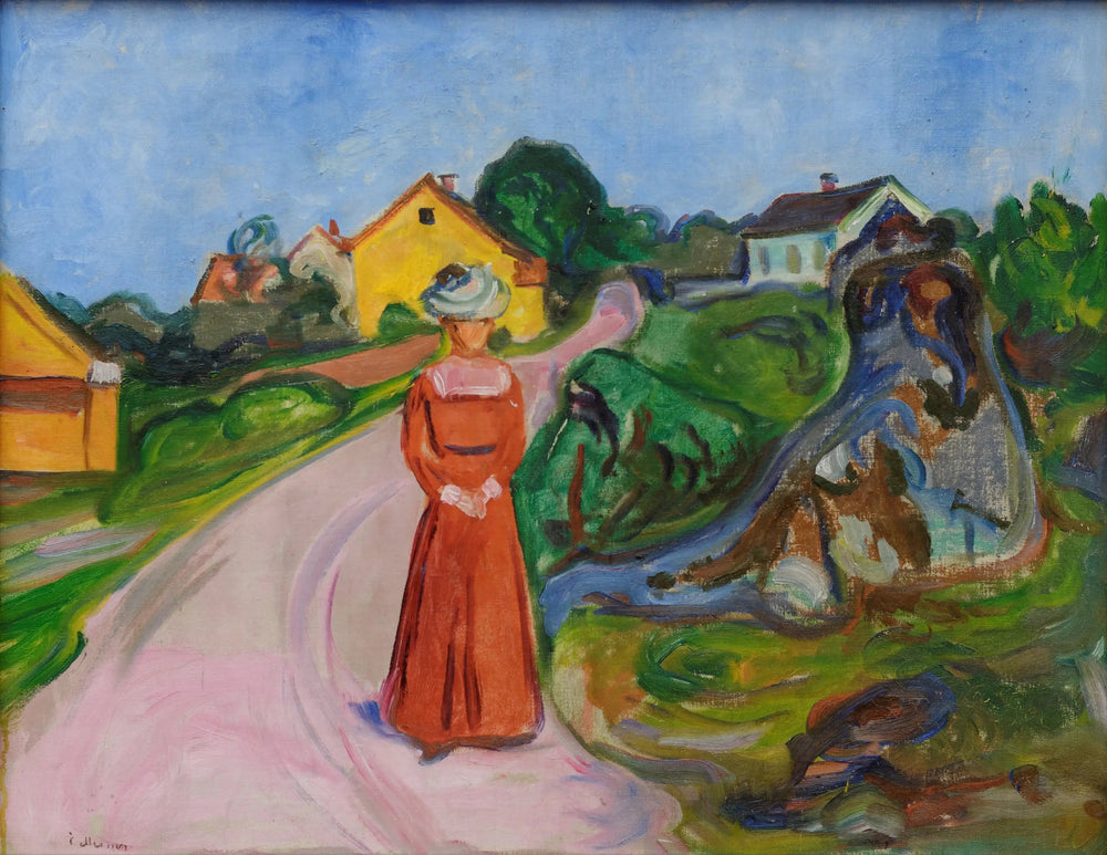 rue d'Åsgårdstrand et Femme en robe rouge - Edvard Munch image 1 reproduction d’œuvre d’art à l’huile