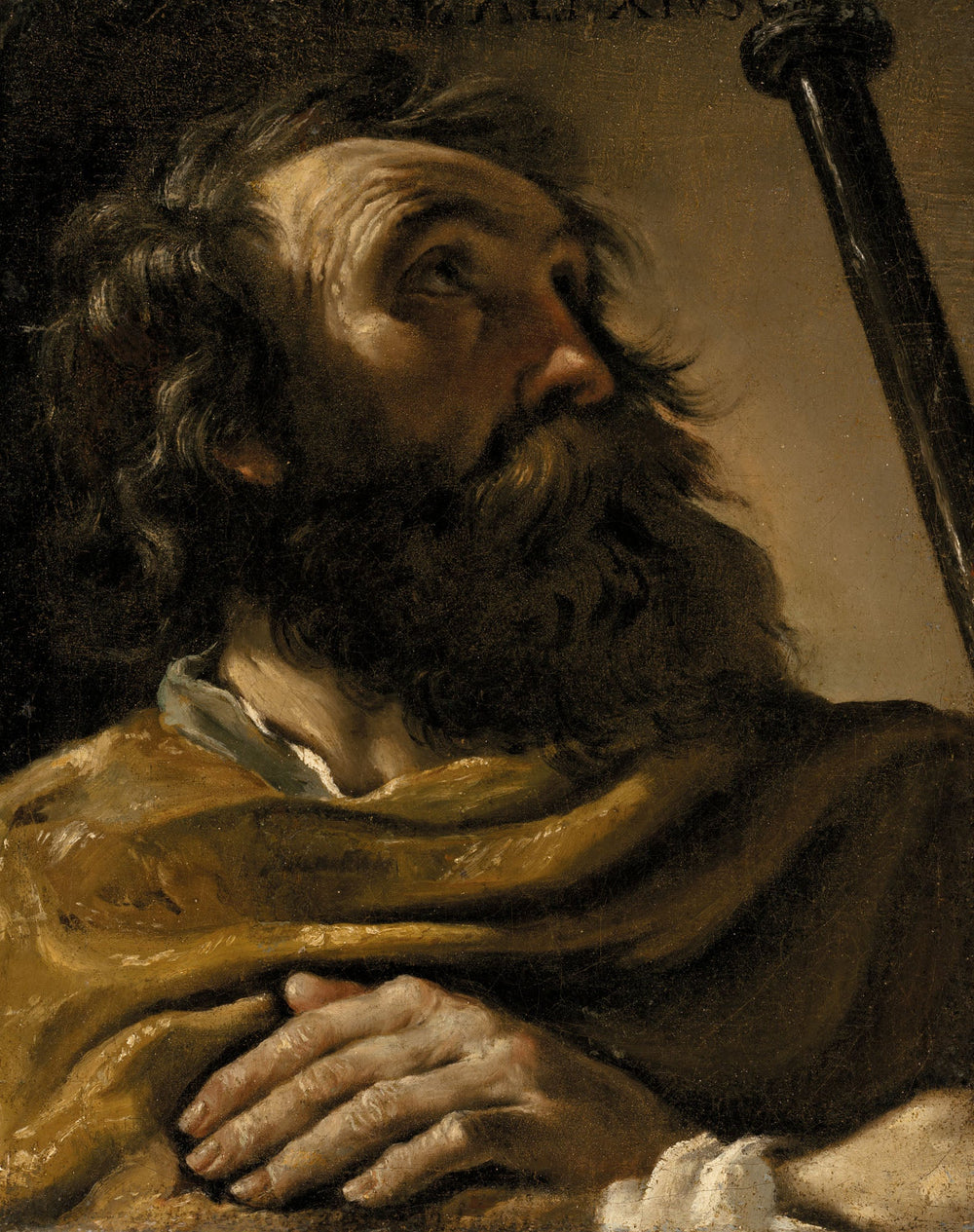 Saint Alexis dans un manteau marron, tenant un bâton - Guercino image 1 tableau peint à l’huile sur toile