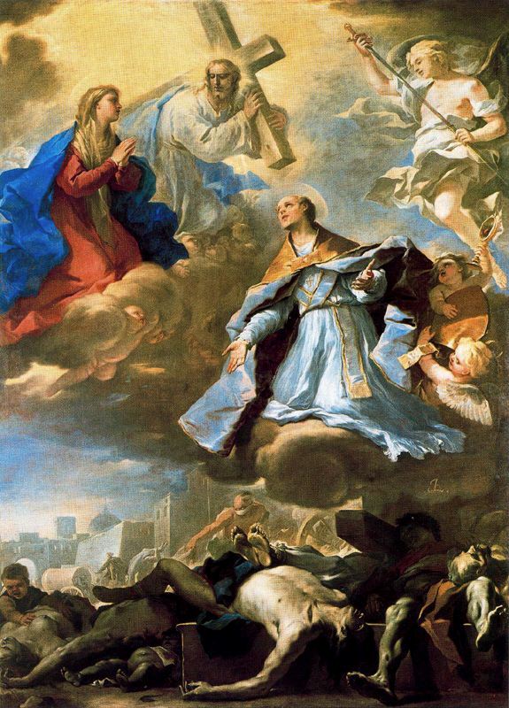 생 제니어는 전염병을 위해 성모 마리아, 그리스도, 영원한 아버지께 중보 기도합니다. - Luca Giordano