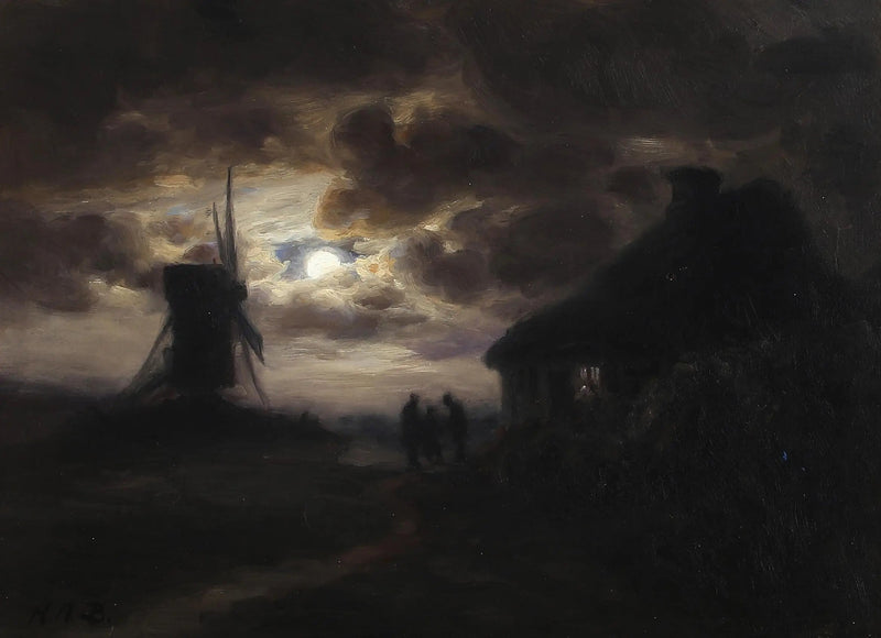 달빛 아래 풍차가 있는 풍경. - H. A. Brendekilde

Source:
Scène au clair de lune avec un moulin. - H. A. Brendekilde