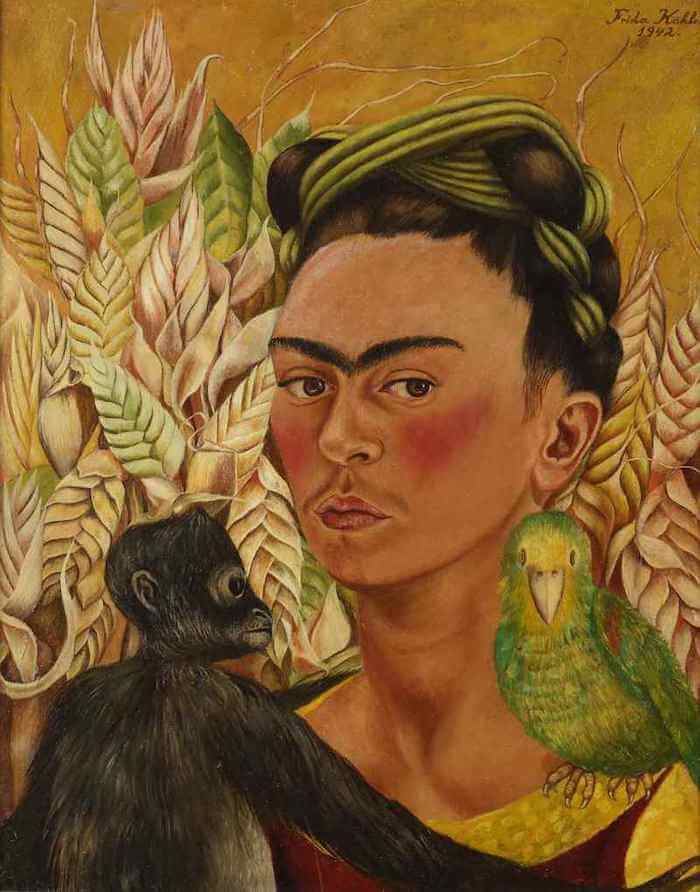 Autoportrait avec singe et perroquet - Frida Kahlo image 1 reproduction de peinture à l’huile
