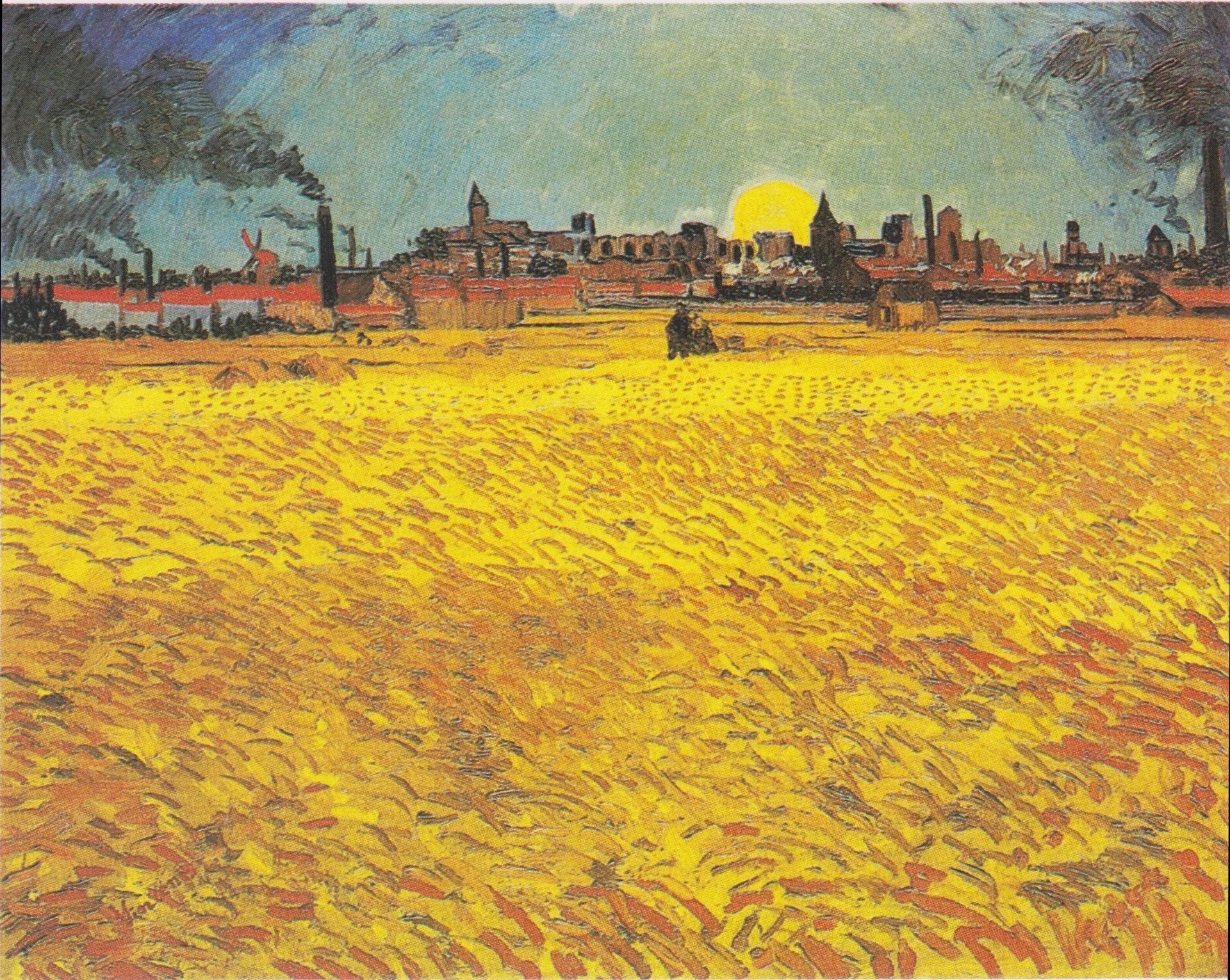 Soir d’été, F465 — champ de blé jaune, ville d’Arles et soleil couchant peints par Vincent van Gogh