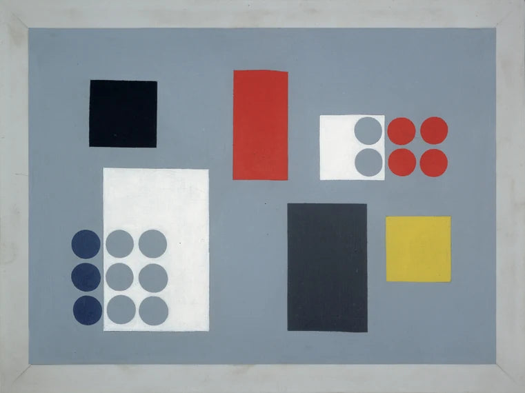 Composition à rectangles, carrés et pavés de cercles, peinture de Sophie Taeuber-Arp