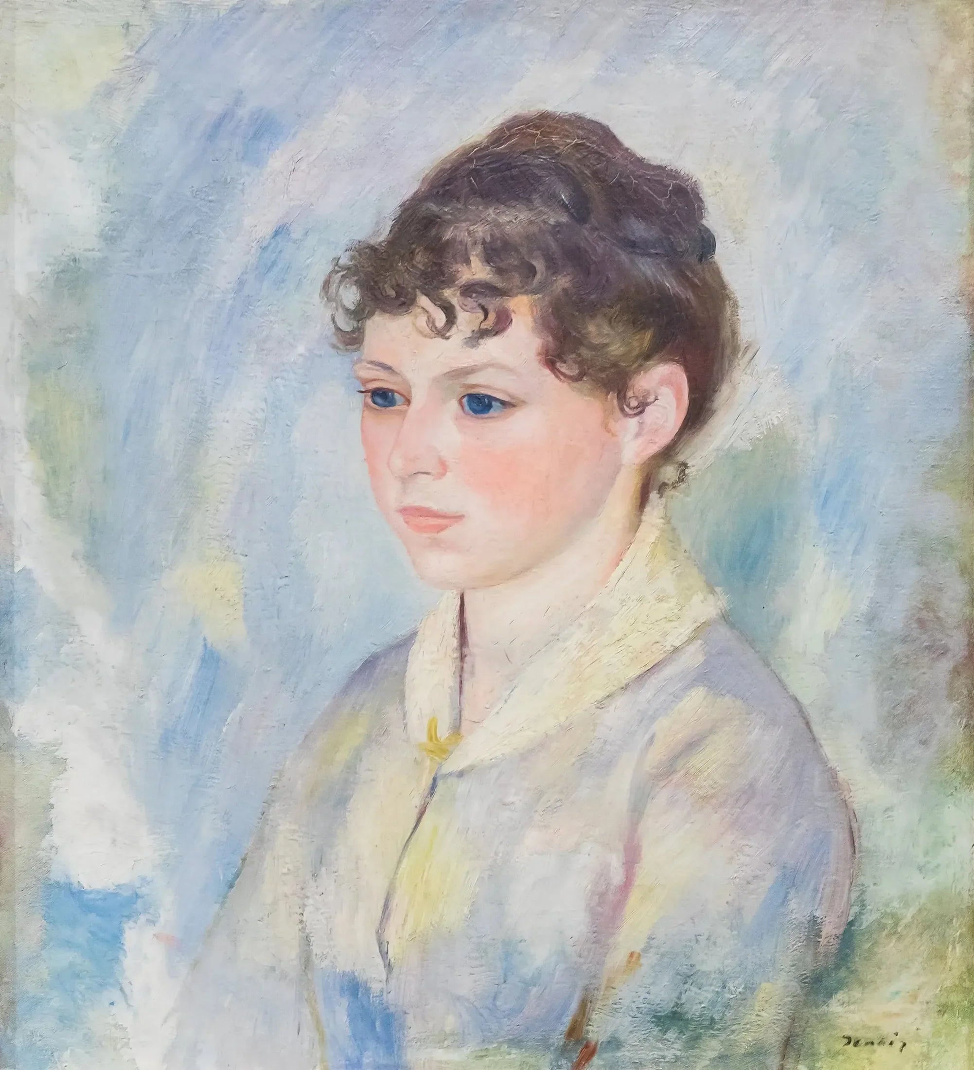 Tête de jeune fille sur fond bleu-clair - Pierre-Auguste Renoir image 1 reproduction artisanale de tableau