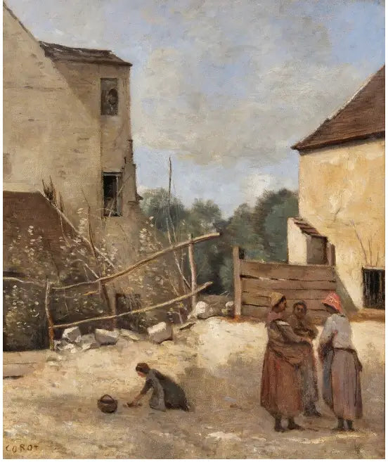 Trois paysannes causant dans une cour rustique - Jean-Baptiste Camille Corot - Alpha Reproduction