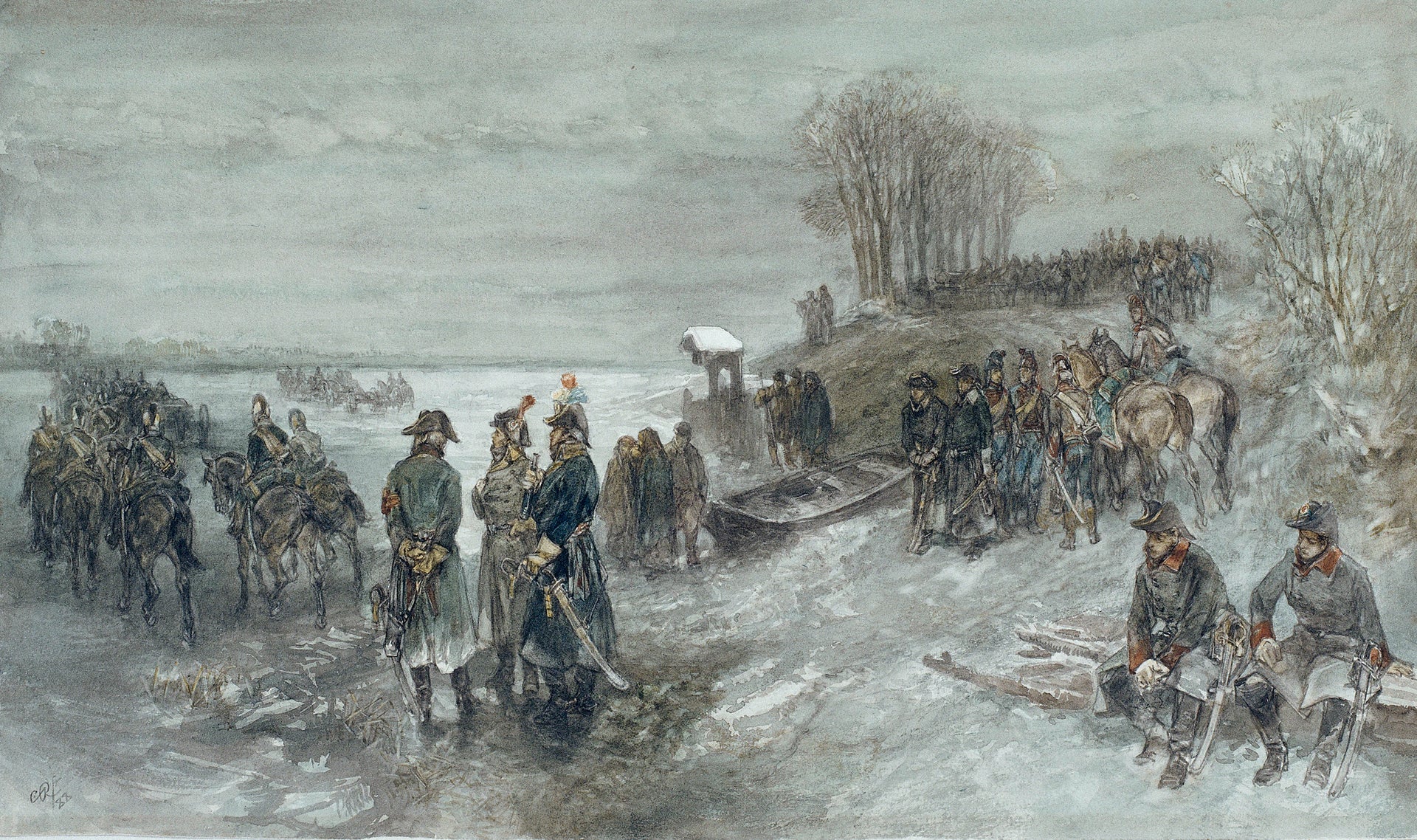 Les troupes françaises traversent une rivière gelée - Charles Rochussen