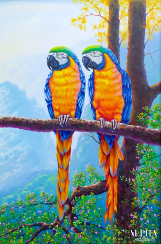 Two Macaws on a Branch - Hudsadayuth | 60 x 90 cm Reproductions de tableaux à la peinture à l’huile