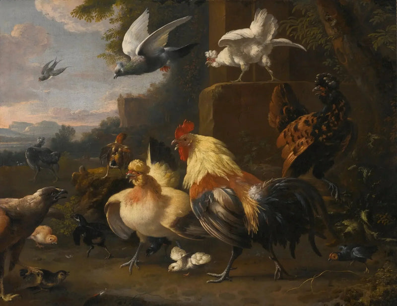 독수리가 어린 수탉을 마주보고 있고, 암탉들, 날아다니는 비둘기들, 그리고 다른 새들 - Melchior de Hondecoeter
