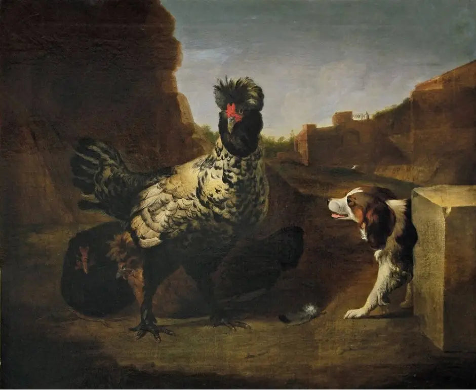 Un coq avec des poules et un chien - Melchior de Hondecoeter image 1 reproduction artisanale de tableau
