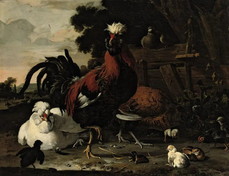 수탉, 암탉, 병아리, 비둘기와 목재 울타리가 있는 풍경 - Melchior de Hondecoeter