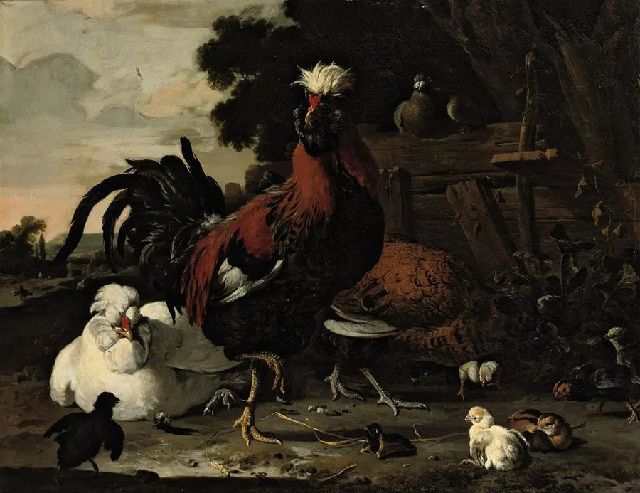 수탉, 암탉, 병아리, 비둘기와 목재 울타리가 있는 풍경 - Melchior de Hondecoeter