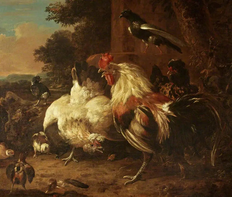 수탉과 두 암탉, 그리고 병아리들이 있는 풍경 - Melchior de Hondecoeter