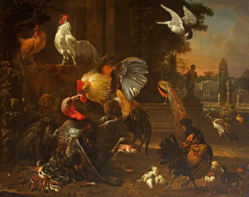 공작새와 칠면조가 공원에서 다른 가금류와 싸우고 있다 - Melchior de Hondecoeter
