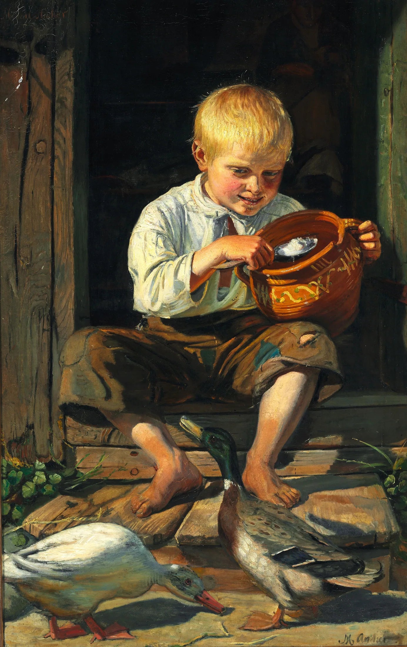 Un garçon qui nourrit les canards - Michael Peter Ancher image 1 tableau peint à l’huile sur toile