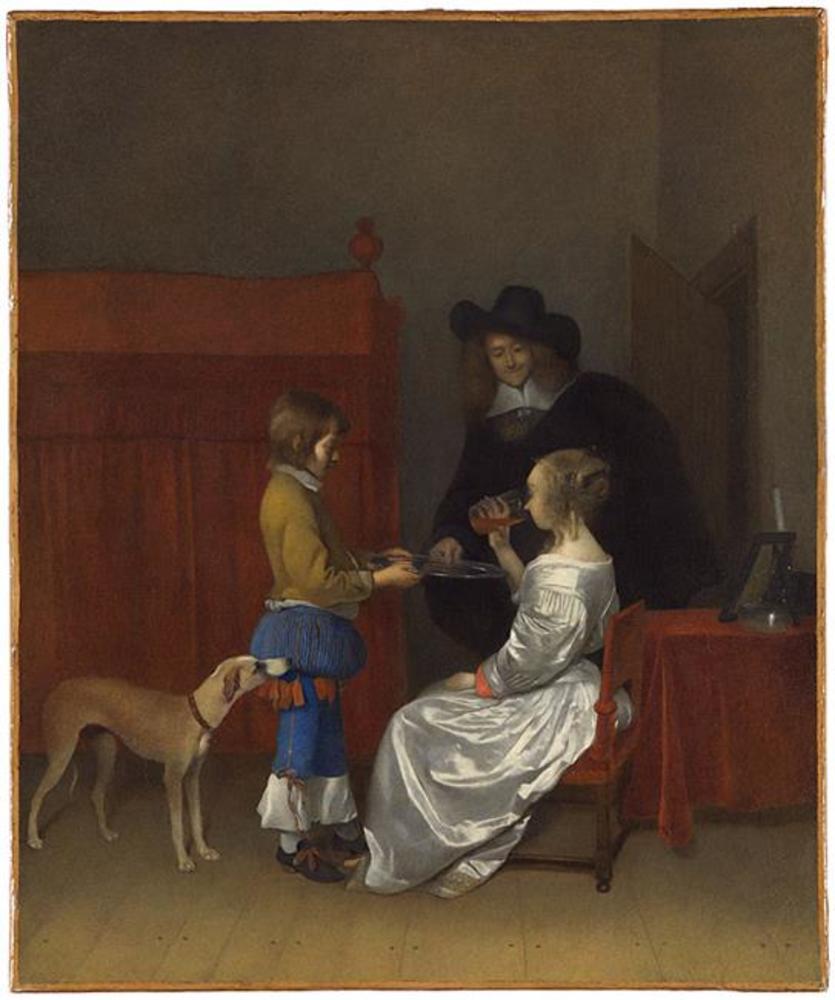 Un homme offre un verre de vin à une dame - Gerard ter Borch image 1 reproduction artisanale de tableau