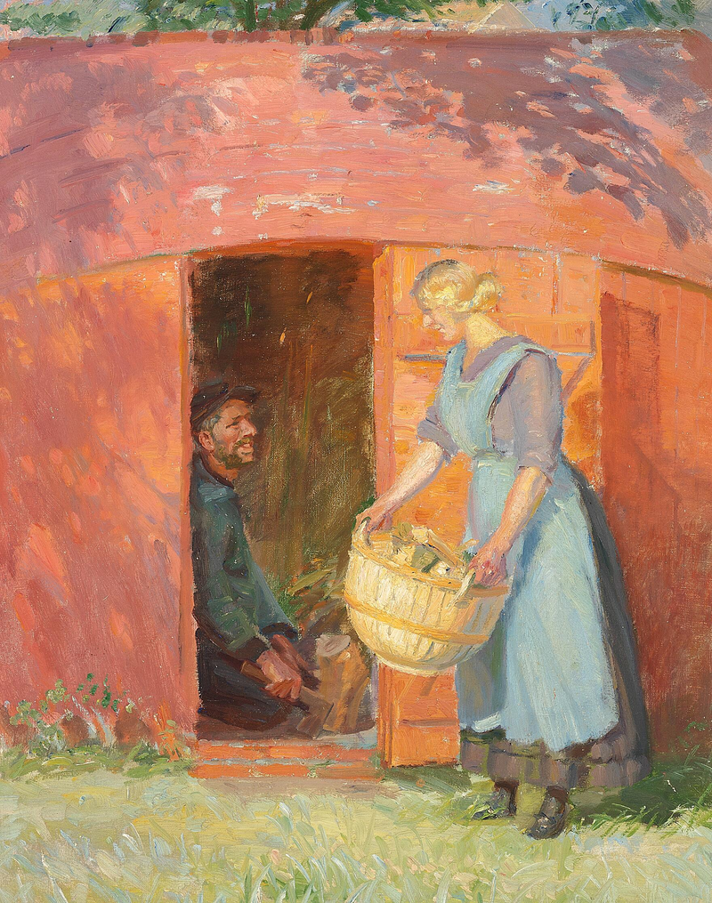 Un pêcheur de Skagen, dans une cabane construite à partir d'un vieux bateau, courtise une jeune femme. - Anna Ancher