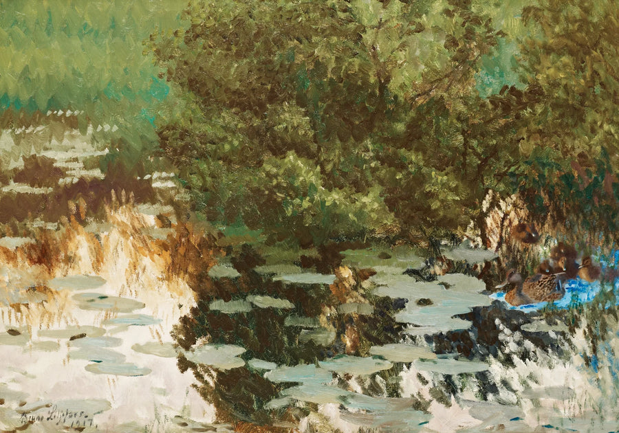 Une famille de canards parmi les nénuphars. - Bruno Liljefors
