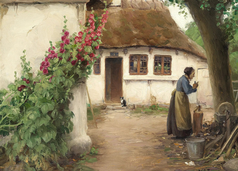 여성이 빨간 토끼풀 꽃이 피어난 농장에서 서 있는 모습 - H. A. Brendekilde

Source:
Une femme dans une ferme avec des roses trémières rouges. - H. A. Brendekilde