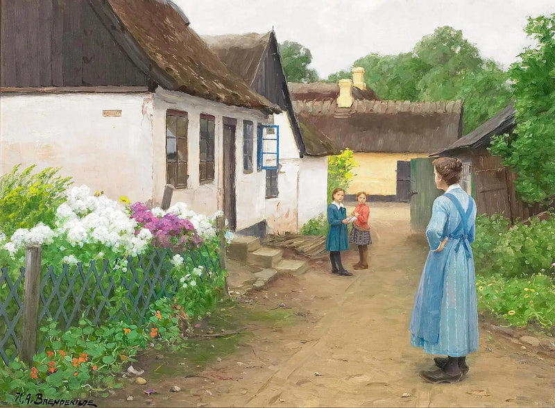 한 여성과 몇몇 아이들이 마을의 작은 거리에서 서 있습니다. - H. A. Brendekilde

Source:
Une femme et quelques enfants dans une petite rue d'un village. - H. A. Brendekilde