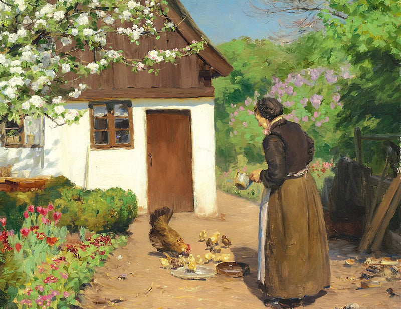 여성이 흰색 석회 농장 앞에서 여름날에 닭들에게 먹이를 주고 있습니다. - H. A. Brendekilde

Source:
Une femme nourrit des poules devant une ferme blanche et calcaire un jour d'été. - H. A. Brendekilde