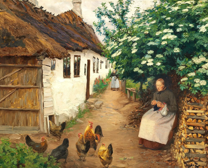 여성이 오래된 집 근처에서 뜨개질을 하고 있습니다. - H. A. Brendekilde

Source:
Une femme tricote près d'une vieille maison. - H. A. Brendekilde
