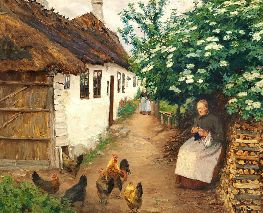 여성이 오래된 집 근처에서 뜨개질을 하고 있습니다. - H. A. Brendekilde

Source:
Une femme tricote près d'une vieille maison. - H. A. Brendekilde