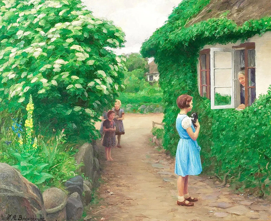 여름날 아이들과 새끼 고양이, 그리고 창문에 앉아 있는 노파가 있는 그림 - H. A. Brendekilde

Source:
Une journée d'été avec des enfants avec un chaton et une vieille femme à la fenêtre. - H. A. Brendekilde