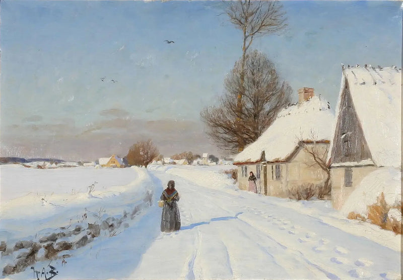 눈 내리는 겨울날 마을 풍경, 초가집 근처에 사람들. - H. A. Brendekilde

Source:
Une journée d'hiver dans un village, montrant des personnes près de maisons au toit de chaume. - H. A. Brendekilde