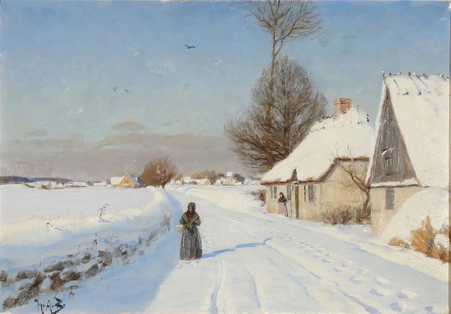 눈 내리는 겨울날 마을 풍경, 초가집 근처에 사람들. - H. A. Brendekilde

Source:
Une journée d'hiver dans un village, montrant des personnes près de maisons au toit de chaume. - H. A. Brendekilde