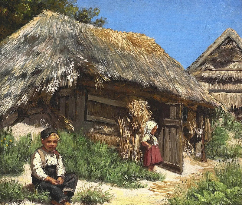 초가 지붕이 있는 집. 푸르고 따뜻한 여름날 하늘 아래의 하루. 두 아이와 함께한 시간. - 페더 세베린 크뢰이어