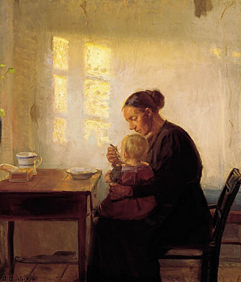 Une mère avec son enfant dans une pièce baignée de soleil. - Anna Ancher