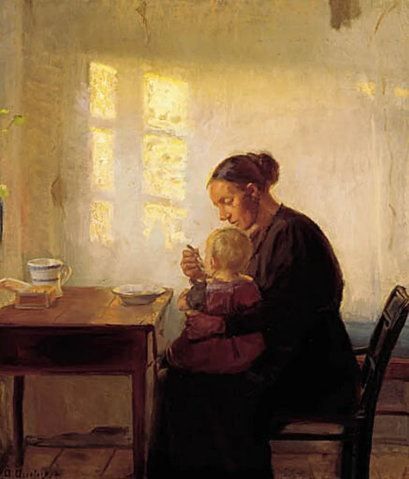 Une mère avec son enfant dans une pièce baignée de soleil. - Anna Ancher