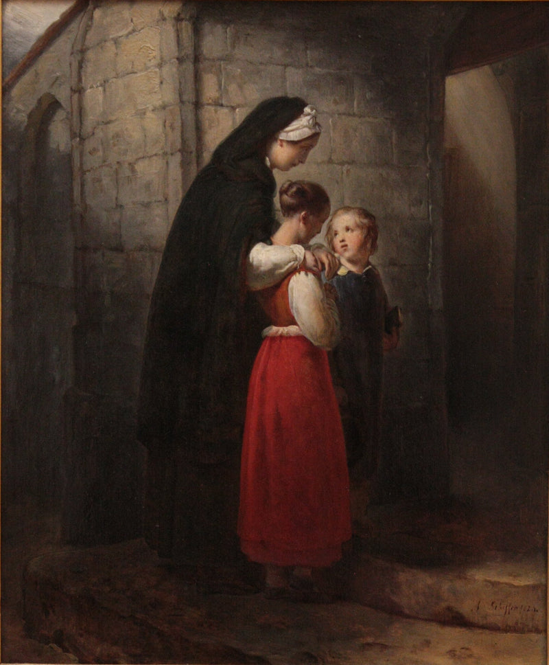 교회에 가는 회복 중인 어머니, 두 자녀를 기대고 - Ary Scheffer