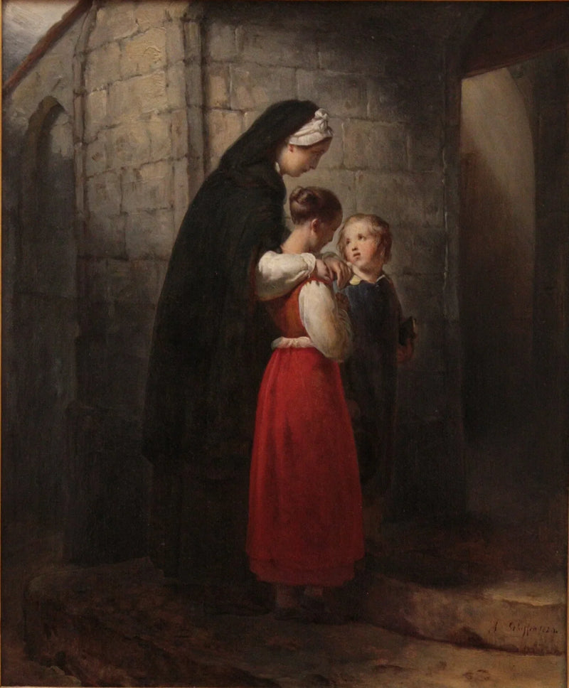 교회에 가는 회복 중인 어머니, 두 자녀를 기대고 - Ary Scheffer