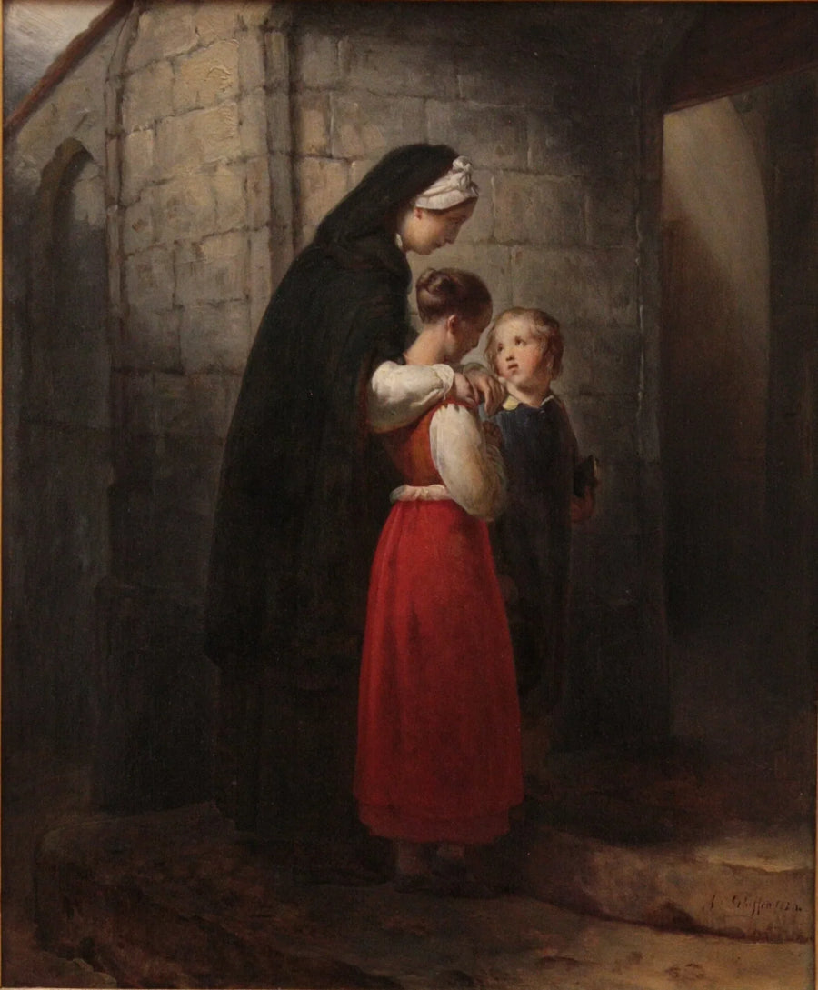교회에 가는 회복 중인 어머니, 두 자녀를 기대고 - Ary Scheffer
