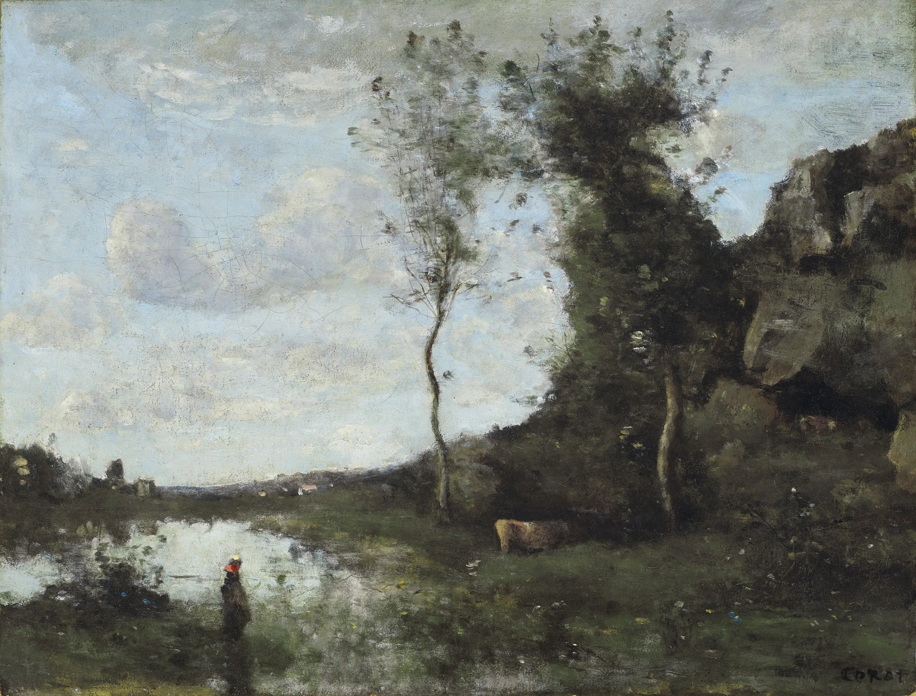 Une paysanne et sa vache à la mare en vue d’un village - Jean-Baptiste Camille Corot - Alpha Reproduction