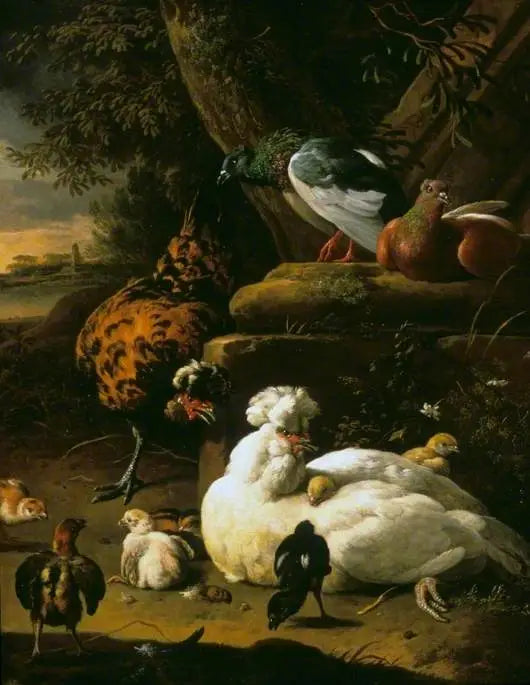 새끼를 품은 암탉, 수탉, 비둘기들이 있는 풍경 - Melchior de Hondecoeter