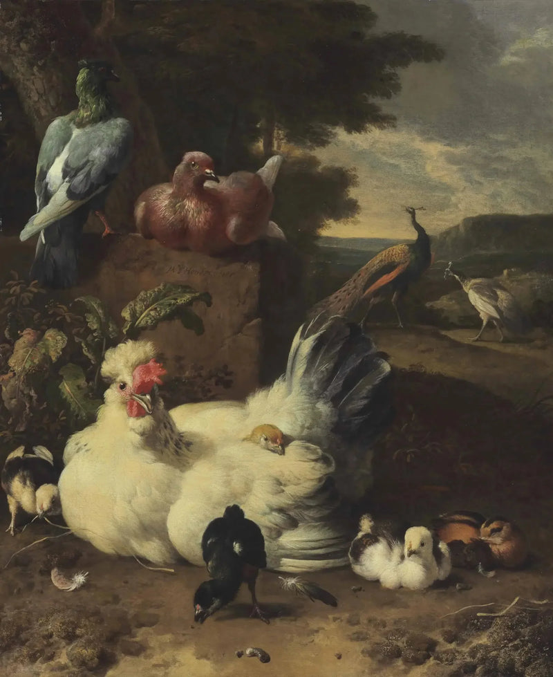 벽돌 벽 옆에 있는 암탉, 병아리, 비둘기, 공작새가 있는 풍경 - Melchior de Hondecoeter
