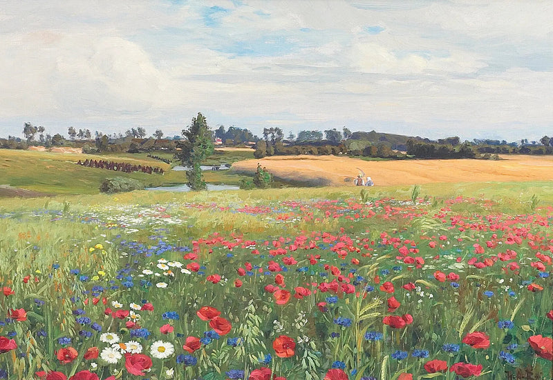 꽃이 만발한 초원, 양귀비, 백합, 블루베트와 함께 - H. A. Brendekilde

Source:
Une prairie en fleurs, avec des coquelicots, des leucanthèmes et des bleuets. - H. A. Brendekilde