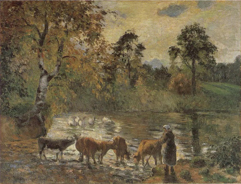 Vaches s'abreuvant dans l'étang de Montfoucault - Camille Pissarro image 1 copie peinte à la main à l’huile