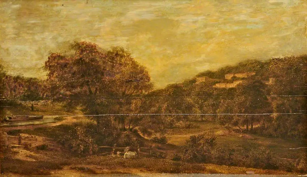 Vallée boisée avec un ruisseau et des maisons à flanc de colline - John Constable image 1 reproduction de peinture à l’huile