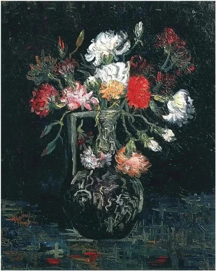 흰색과 빨간색 카네이션이 있는 꽃병 - Vincent van Gogh